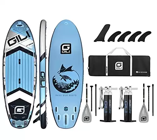 GILI 12'/15' Manta Ray Multi-Person Inflatable Stand Up Paddle Board Package |Loaded Accessory Kit | 5-fin Setup, Multiple Mounts, and Oversized Bungees (12' Blue)